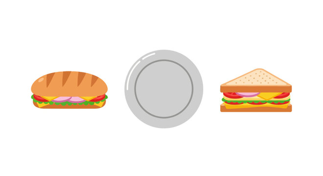 Flat style sandwiches and plate arrangement on white background