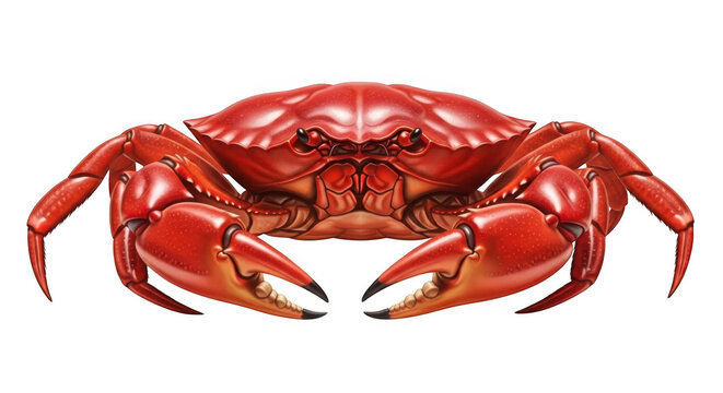 Vibrant red crab isolated on transparent background looking forward with claws spread