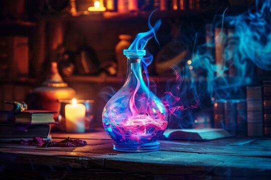a glowing potion bottle with swirling colors inside, sitting on an old wooden table in front of shelves filled with books and magical artifacts. the background is dimly lit by candles, creating an enc