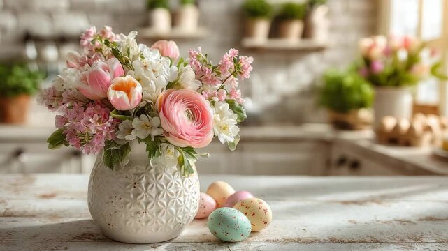 Blurred bokeh background of a white stylish kitchen decorated for Easter, spring bouquets, sunlight, home seasonal decor, stylish interior, cozy home, flowers, eggs