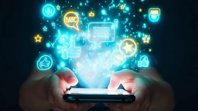 Hands holding smartphone with glowing icons