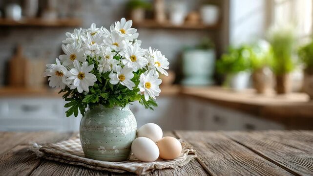 Blurred bokeh background of a white stylish kitchen decorated for Easter, spring bouquets, sunlight, home seasonal decor, stylish interior, cozy home, flowers, eggs