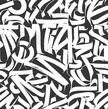 White brush calligraphy symbols seamless pattern on black background. Decorative ornamental composition. Vector illustration