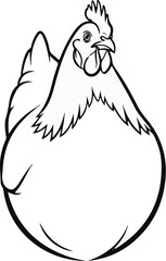Fototapeta premium A black and white line drawing of a plump chicken facing the viewer