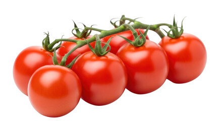Fresh vine ripe red cherry tomatoes bunch on green stem isolated on transparent background