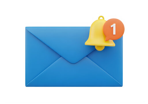 Blue envelope with notification bell and one new message isolated on transparent background