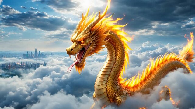 Golden dragon flying above clouds
