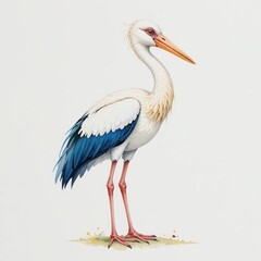 Obraz premium Stork Stands on One Leg With Bright Beak and Wings in Blue and White Colors Near Grassy Area
