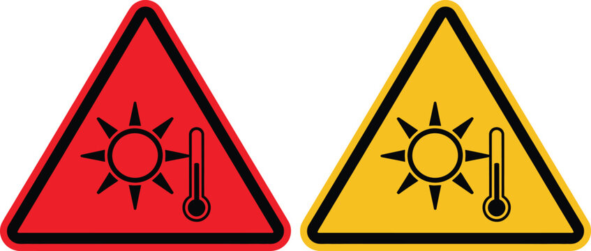Two warning signs indicating high and low temperature hazards with sun and thermometer symbols.