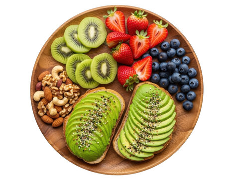 Healthy breakfast plate with avocado toast, fruits, and nuts isolated on transparent background