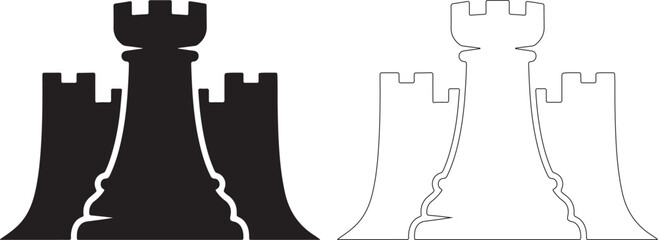 Black and white chess piece icons with castle towers © PrimeVisuals