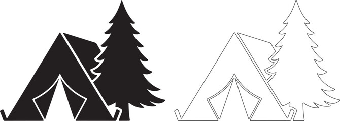 Black and white camping tent and tree silhouette vector icons © PrimeVisuals