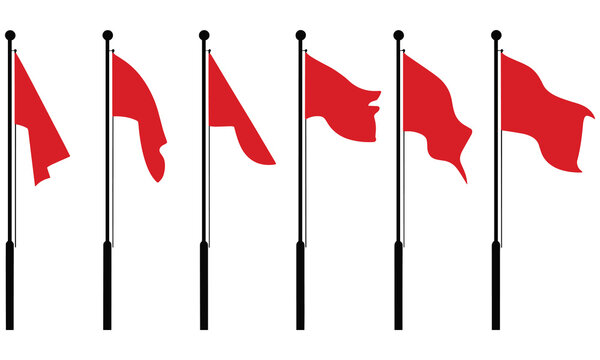 Set of six red flags waving on black poles against a white background, showcasing various dynamic positions and movements in a vector graphic illustration.