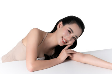 Obraz premium Close up of beauty young asian woman with glowing facial and body skin on transparent background.