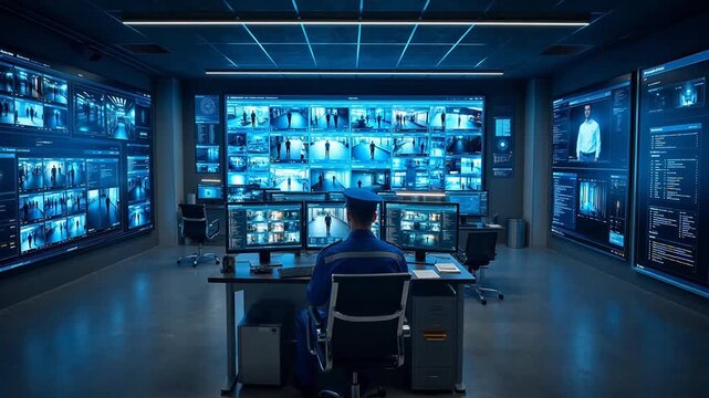 Surveillance room with operator and multiple screens