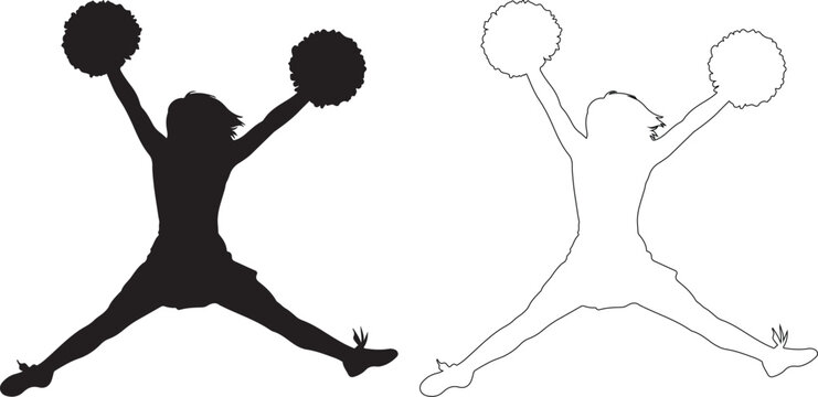 Cheerleader silhouette with pom poms in dynamic jumping pose vector