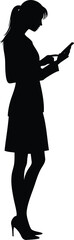 Silhouette of a businesswoman reading a document on a tablet isolated on white background representing modern professional work