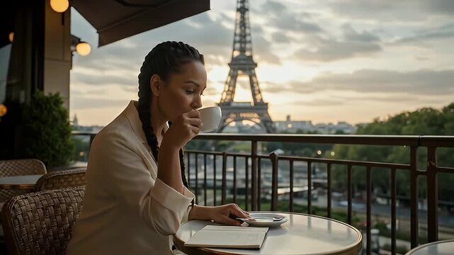 Woman sips coffee on a Parisian terrace, with the Eiffel Tower in the background