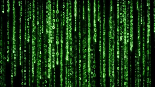 Digital rain Vertically flowing green numerical code streams down a dark background