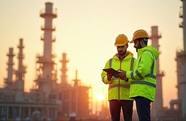 Two engineers in hard hats wear hi-vis vests at sunrise by industrial plant towers. They consult tablet device, check equipment, discuss work. Dawn light creates soft background.