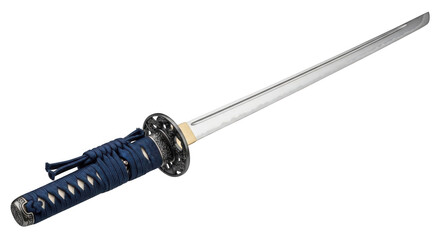 Fototapeta premium A traditional japanese katana sword with a blue handle and silver blade isolated on transparent background