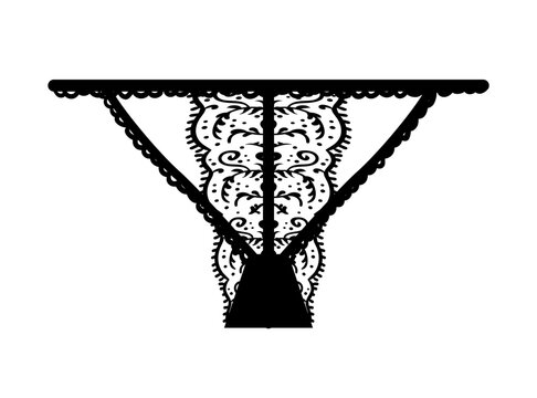 Black silhouette of women lace thong panties with ornamental pattern. Vector illustration of elegant female lingerie isolated on white background.