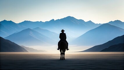 Fototapeta premium A lone rider on horseback faces distant blue mountain ranges under a clear sky at sunrise or sunset.