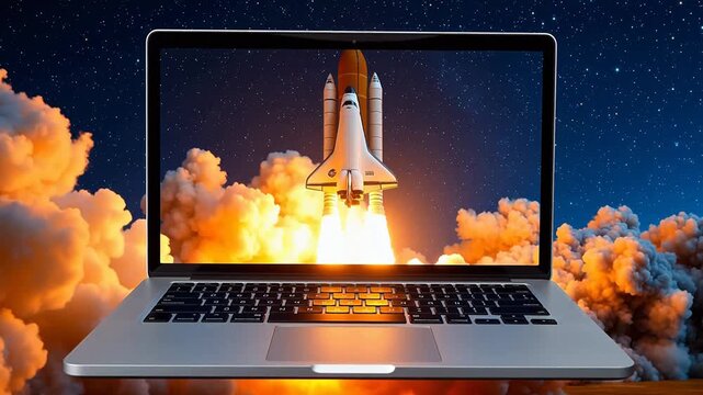 Laptop displaying rocket launch in space