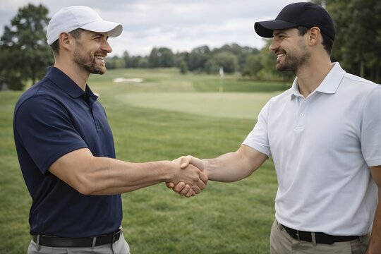 Business executives handshake on luxury golf course during corporate networking meeting, leisure business partnership agreement, professional relationship building and executive deal concept