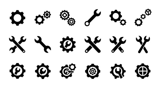 Gear icon set with wrench and mechanical repair tools
