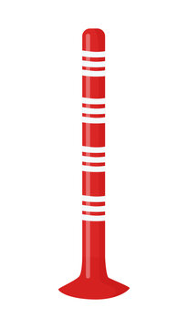 Flat vector illustration of a red flexible traffic delineator post with white reflective stripes used for lane separation and road safety.