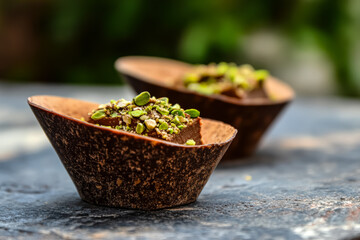 Indulge in these rich chocolate desserts served in eco friendly cups, topped with crunchy pistachios for a delightful finish.