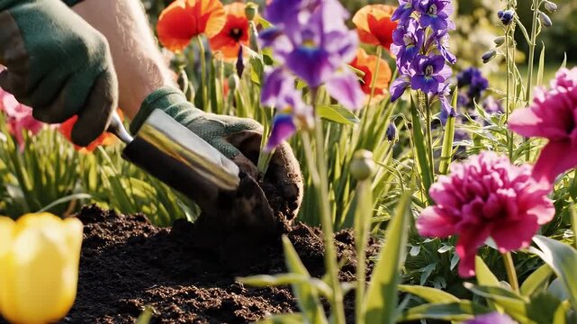 Gardener planting flowers in a vibrant garden bed during springtime.