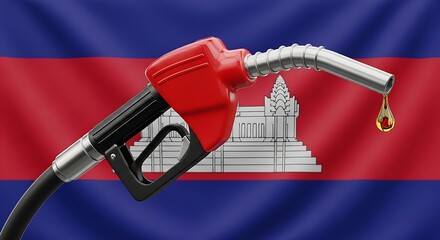 Gas pump nozzle against Cambodian flag background