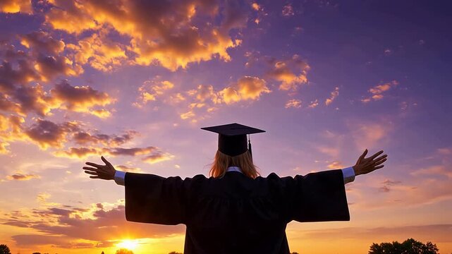 Graduate with arms outstretched at sunset