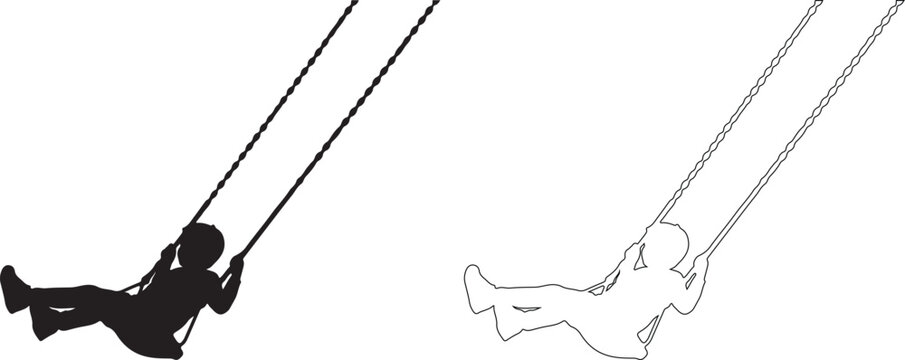 Black and white silhouette of a child swinging on a swing set