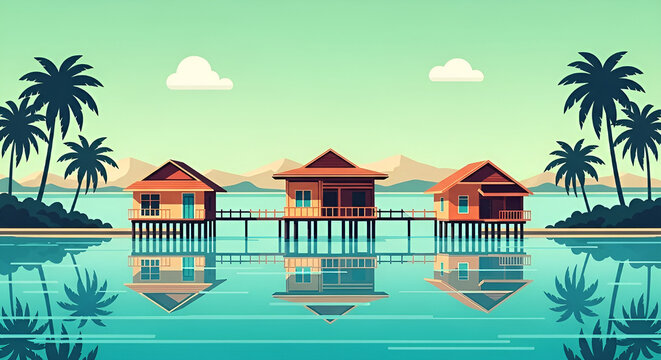 Tropical bungalows on stilts over calm turquoise water with palm trees and mountains in background.