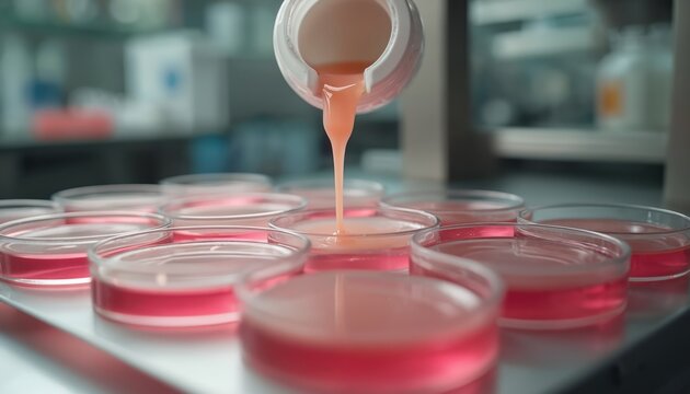 Liquid nutrient medium poured into sterile petri dishes for cell culture. Science lab work preparing samples for biological research and testing. Microorganism growth medium fills round containers.