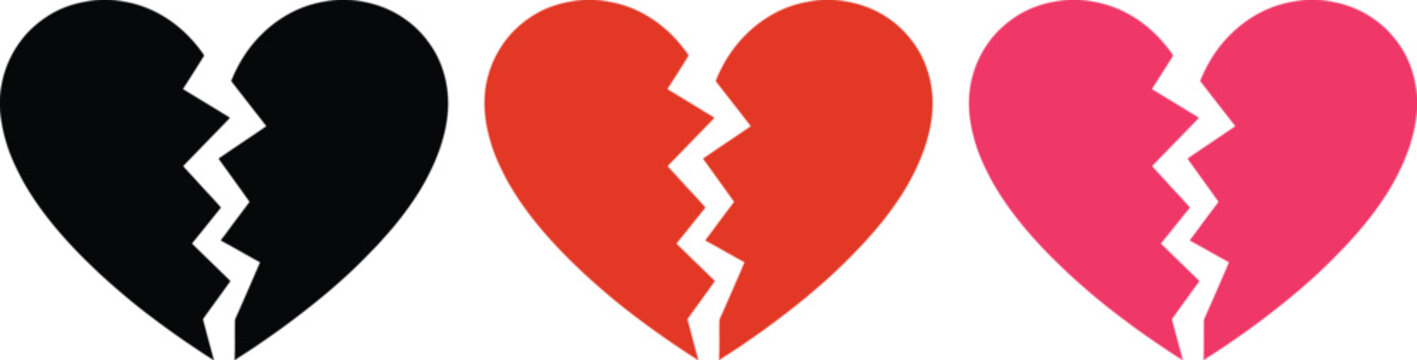 Three broken hearts in different colors on a white background