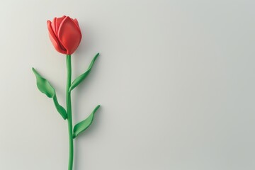 Fototapeta premium Cute clay red tulip with green leaves plasticine flower isolated on white background simple design