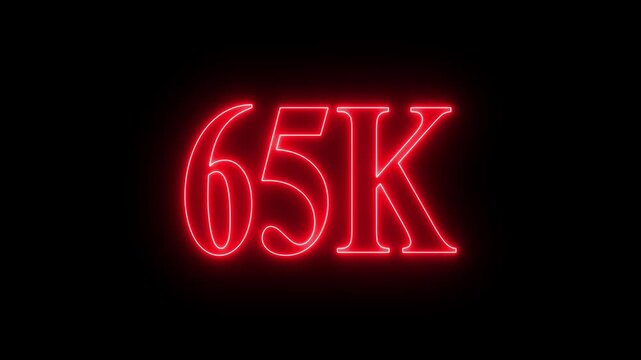  65K Text Animation - Glowing Cinematic Numbers Footage 4K, 65K subscribers milestone neon sign glowing blue light motion video footage 4k cinematic clip,