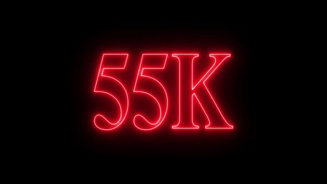 55K subscribers milestone neon sign glowing blue light motion video footage 4k cinematic clip, Neon 55K Text Glowing Effect, Animated Numbers, Motion Graphics Footage 4K