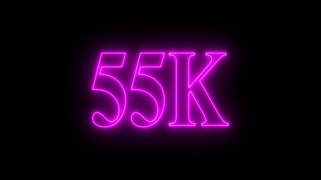 55K subscribers milestone neon sign glowing blue light motion video footage 4k cinematic clip, Neon 55K Text Glowing Effect, Animated Numbers, Motion Graphics Footage 4K