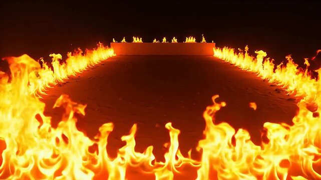Flames encircling a sandy platform