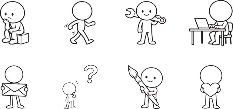 Little man character icon set featuring simple human figure symbols for actions, gestures, and concepts.