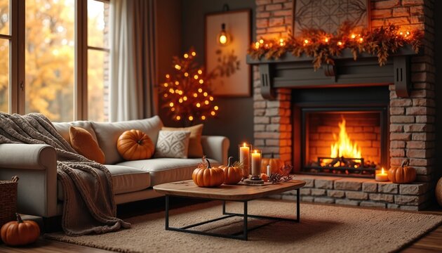 Cozy living room fireplace glow. Autumn decor includes pumpkins, warm blankets, flickering candles. Comfortable sofa sits near window showing fall foliage. Festive atmosphere for holidays, home