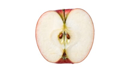 Freshly cut red apple with seeds exposed on white background