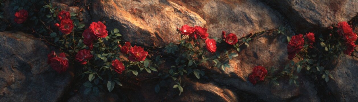 Crimson Floral Cascade: A close-up showcases a tapestry of vibrant red roses artfully arranged along a rugged, textured stone wall, embodying the dance of nature's beauty and enduring elegance.