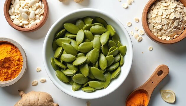 Flat lay of healthy food ingredients. Bowls hold pumpkin seeds, oats, turmeric powder, and white beans. Ginger root and lemon slice near wooden spoon.
