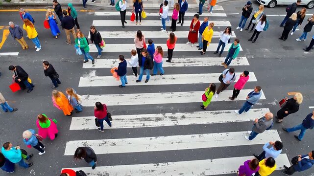 Crowd crossing street at crosswalk